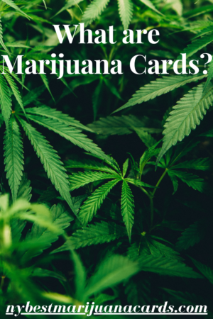 Background containing Marijuana leaves with "What are Marijuana cards?" and "nybestmarijuanacards.com" written on it