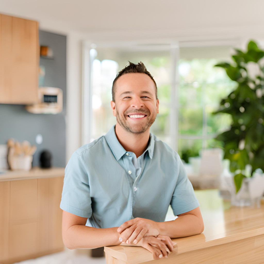 a happy individual, representing satisfied customer. The person should be with a positive and relieved expression. The background should depict a clean and modern home, suggesting a professional and trustworthy services