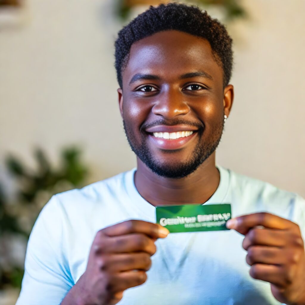 A happy individual, representing satisfied customers of various ages, ethnicities, and genders. Each person should be holding or showing their MMJ (Medical Marijuana) card, with a positive and relieved expression. The background should depict a clean and modern home or office environment, suggesting a professional and trustworthy service. The lighting should be bright and natural, and the atmosphere should be welcoming and comfortable. The images should reflect a sense of ease and satisfaction, highlighting the efficient and user-friendly process of obtaining an MMJ card through the website.